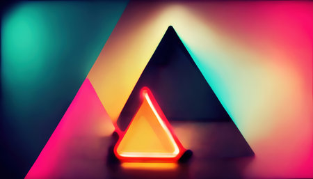 Neon triangle geometric background. LED light. Blur fluorescent pink blue orange color gradient block glow on dark abstract art illustration.の素材