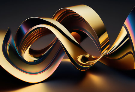Twisted shapes. Graphic design. abstract background. Digital illustration of golden glowing waves figure in motion on dark.の素材