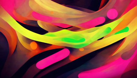 Graphic fluid. neon background. Glowing splash. Blur bright pink yellow green color light curves paint strokes abstract art illustration.の素材