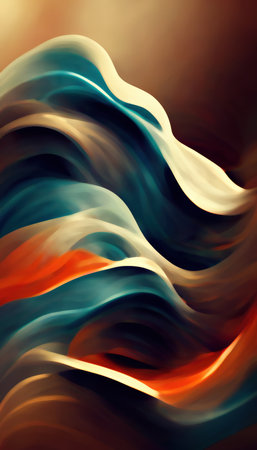 Curve pattern colorful background. silk wave. Blur orange blue beige veil stripes layers abstract design painting art illustration.の素材