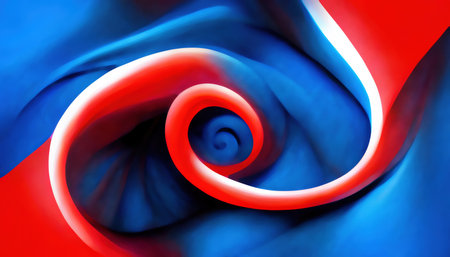 color swirl. Blur spiral. curve design. Defocused red blue white glowing twisted whirl graphic art illustration abstract background.の素材