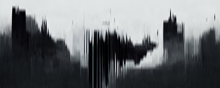 Cityscape graphic. Glitch texture. skyscrapers design. Blur black white tower building silhouette noise grunge design art illustration abstract background.の素材