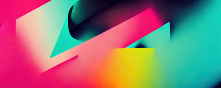 gradient design. Smooth colors. Defocused neon vivid pink cyan blue yellow glow geometric pattern art illustration abstract background with copy space.の素材