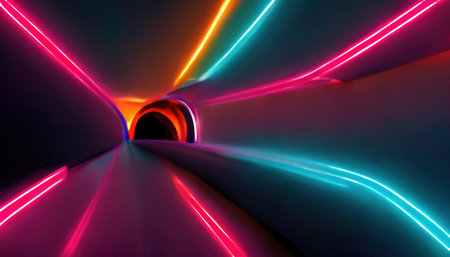 light motion. neon rays. Tunnel illumination. Blur fluorescent pink blue orange color glow laser beam flare on dark black art illustration abstract background.の素材