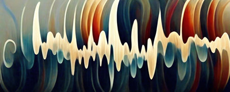 Abstract painting creative background. Blue orange beige color curve lines vibration waves decorative ornament retro art illustration.の素材
