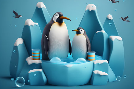 Penguins family. Graphic illustration. Antarctic fauna. Funny cartoon aquatic flightless birds of mom and kid staying on sheet ice with buckets.の素材