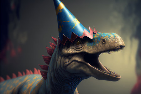 birthday dinosaur. Jurassic party. Predator celebration. Happy surprised excited T-Rex in hat festive on dark illustration background.の素材