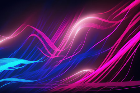 Twisted art. Neon lines. Graphic illustration. Luminous purple blue crossed wavy rays glowing composition background.の素材
