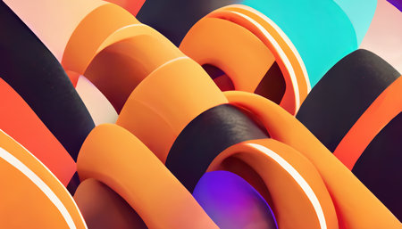 Abstract pattern color background. creative design. Vivid orange cyan blue purple black curves strokes decorative asymmetric ornament art illustration.の素材