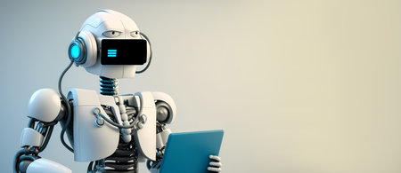 Robot assistance. new technology. AI support. Futuristic machine with tablet computer on blue light background copy space.の素材