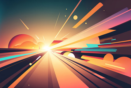 highway motion. Graphic light. digital background. Bright colorful illustration of road landscape with speed lines movement sunset on horizon.の素材