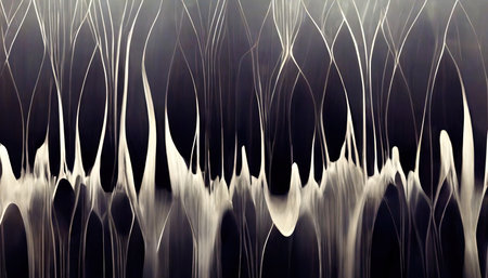 Abstract design graphic background. Purple black white color curve lines drip pattern dark asymmetric decorative ornament art illustration.の素材