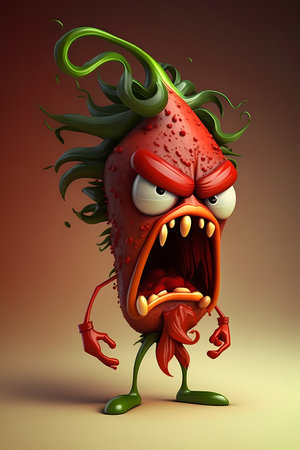 Stomach indigestion. cartoon pepper. Gastric feelings. Creative illustration of burning spicy vegetable with angry face big teeth on light brown background.の素材