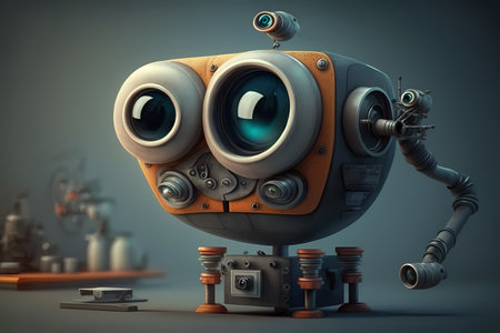 Robot assistance. Surveillance technology. AI support. Futuristic machine with big eyes camera computer on dark blue background.の素材