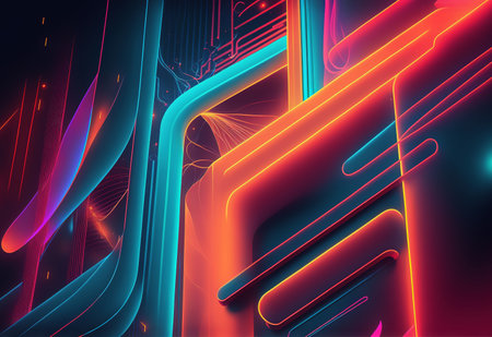 neon labyrinth. Glowing lines. Graphic painting. Futuristic illustration of luminous blue orange purple zigzag way composition on dark background.の素材