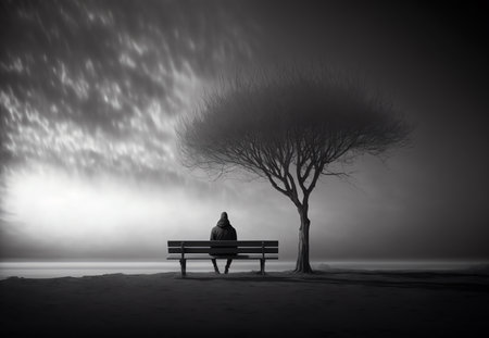 Solitude contemplation. nature melancholy. Back view silhouette of lonely man sitting alone on bench at tree cloudy weather sea beach landscape dark art illustration background.の素材