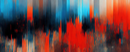 Color distortion glitch background. digital frequency. Blur red blue black fuzzy stripes noise texture on dark abstract art illustration.の素材