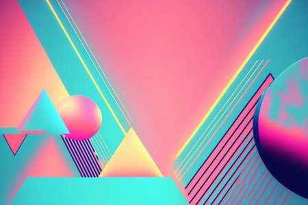 geometric pattern. colorful banner. Graphic painting. Digital illustration of pink green yellow striped triangle and spheres art composition background.の素材