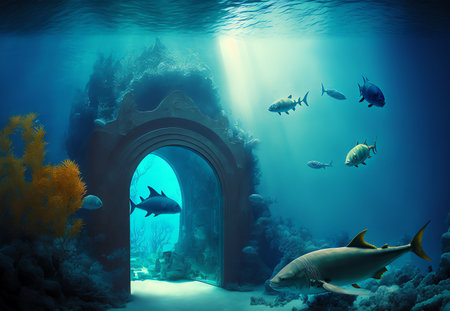 undersea world. Aquatic wildlife Atlantis architecture. Sharks fish swimming under blue water in ancient gates 3d illustration art background.の素材