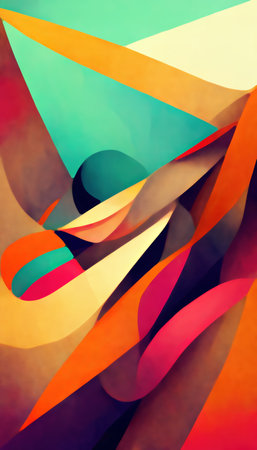 Abstract graphic geometric background. color block. Orange cyan blue pink strokes decorative asymmetric shape design art illustration.の素材