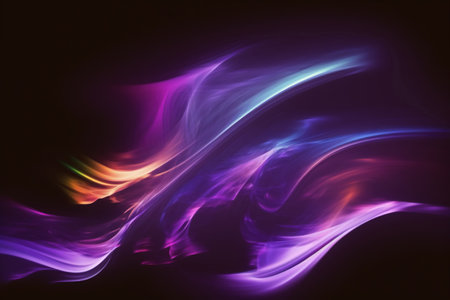 neon smoke. Blur light motion. Defocused fluorescent purple blue orange color glow vapor wave on dark black abstract art illustration background with free space.の素材