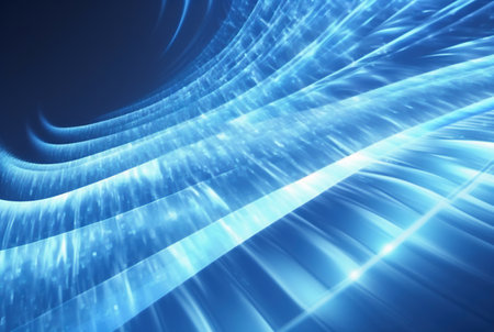 neon light motion. Futuristic background. Blur fluorescent blue color glowing rays trail on dark black abstract cyber art illustration with copy space.の素材