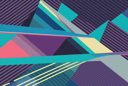 Geometric graphic abstract background. Cyan blue pastel pink purple color asymmetric stripes layers texture 3d art illustration with free space.の素材