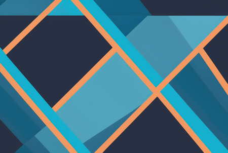 Color block geometric background. Blue orange asymmetric square shape lines pattern decorative abstract 3d art illustration with free space.の素材