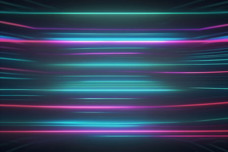 Neon light futuristic background. Blur fluorescent pink cyan blue color glow electric lines on dark black abstract art illustration with free space.の素材
