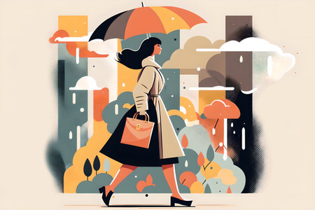 business illustration. Walking woman. cartoon person. Graphic poster of female worker with umbrella going along street rainy city design art.の素材