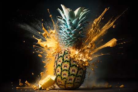 Ripe pineapple. fresh juice. Graphic illustration. Tropical fruit splash explosion on black background.の素材