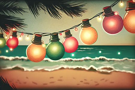 beach party. creative invitation. graphic art. Illustration with colorful holiday lights on evening ocean shore palm leaves decor background.の素材