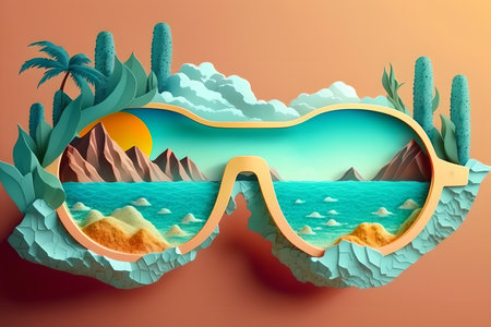 travel poster. Sunglasses art. tropical illustration. Creative picture with yellow glasses with sea shore landscape palm design beige background.の素材