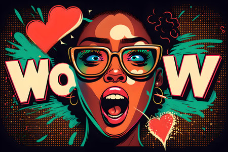 pinup illustration. shocked woman. creative portrait. Surprised cartoon person with amazed look wow text heart art design on dark background.の素材