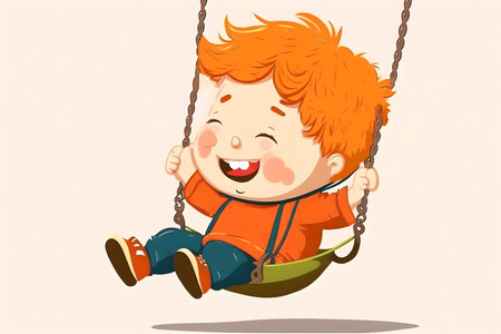 Funny kid. Swing playing. cartoon illustration. Creative illustration with happy expressive red-haired boy swinging on white background.の素材
