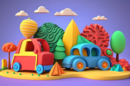 cartoon traffic. car picture. Graphic illustration. Creative art with colorful automobiles on autumn trees installation blue sky background.の素材