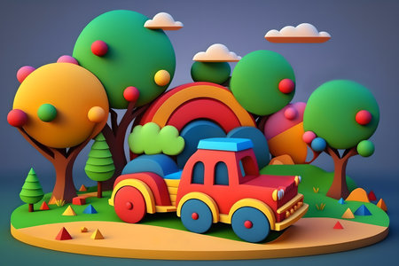 cartoon toy. construction playground. Graphic illustration. Creative art with red lorry auto on nature installation with green yellow trees 3d design.の素材