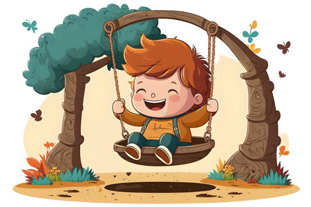 happy childhood. Swinging boy. cartoon illustration. Creative art with laughing kid playing swing on trees on playground background.の素材