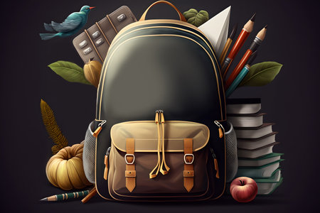 school backpack. educational tools. Graphic picture. Creative illustration of black schoolbag with pencils books notepad apple leaves bird decor on dark background.の素材