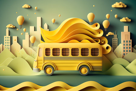 city bus. Graphic illustration. 3d design. Creative art with yellow transport driving on green background with buildings waves clouds and air balloons decoration.の素材