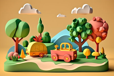 cartoon playground. 3d construction. scale miniature. Creative art with red travel car on nature installation with green red trees hills design on yellow cloudy background.の素材