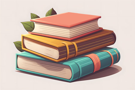 Start education. Book illustration. Graphic pattern. Creative art of pile school literature for study decorated green leaves on white background.の素材