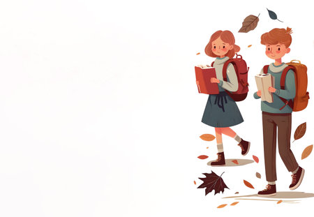 school pupils art. Graphic illustration. advertising banner. Creative art with cartoon girl and boy with books and backpacks walking white background autumn leaves desor copy space.の素材