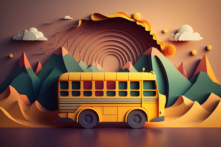 school bus art. 3d illustration. Graphic picture. Creative banner with yellow automobile driving on nature mountain view in green brown color molding design.の素材