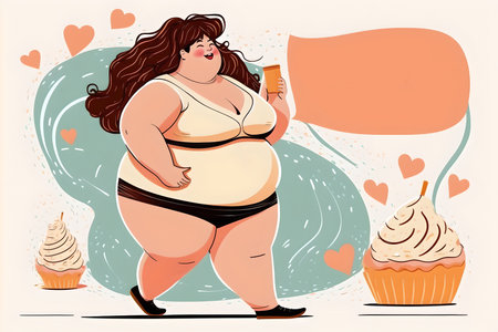 unhealthy foods. Chubby woman. Graphic illustration. Creative art of cartoon chubby female drinking coffee dreaming about sweet cakes light pastel green orange decor background.の素材