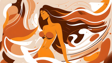 body care. Beautiful woman. fashion illustration. Graphic art with slim figure female posing on wavy abstract design orange brown white background.の素材