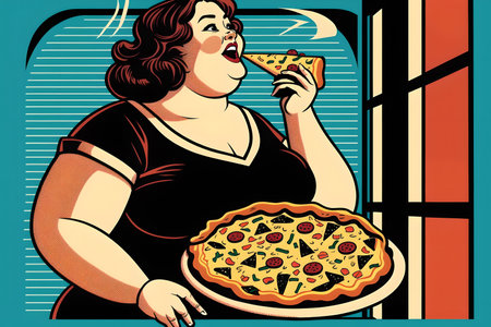 Junk food addiction. obese woman. graphic art. Creative illustration of cartoon chubby female eating testy pizza in light room interior.の素材