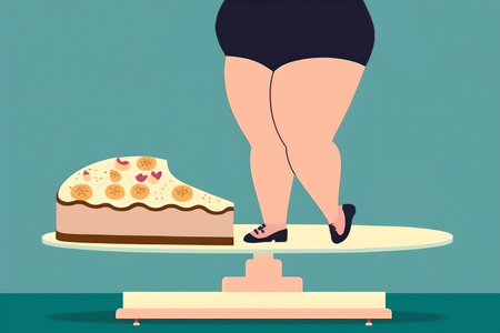 bad calories. Chubby female model. graphic art. Creative illustration of obese woman legs posing on cake stand with piece of pie on green background.の素材