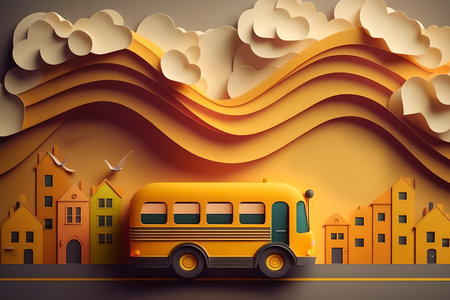 bus travel. Graphic illustration. Quilling design. Creative art with yellow transport driving on city buildings view wave and clouds decoration.の素材