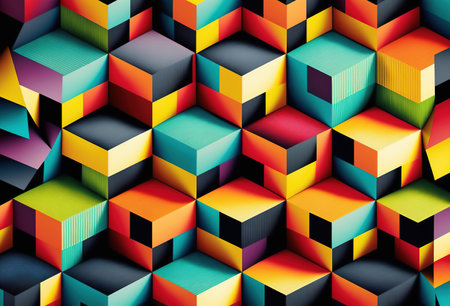 Cube pattern. Geometric background. Graphic art. Orange blue black color block contrast square angle shape decorative design abstract illustration.の素材